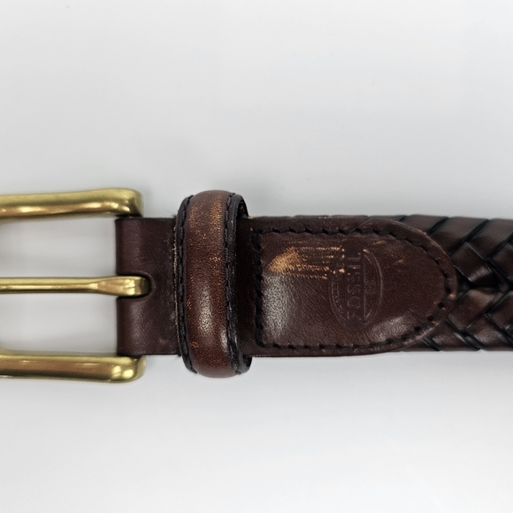 Vintage Mens Fossil Brown Braided Leather Belt Gold Tone Buckle sz 42 - Picture 3 of 7